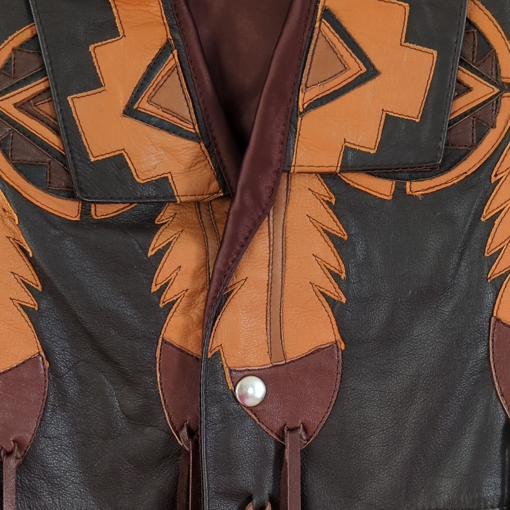 Vintage Mexican Leather Vest w/Fringe & Feather Applique. Sz M. Brown - Picture 5 of 11